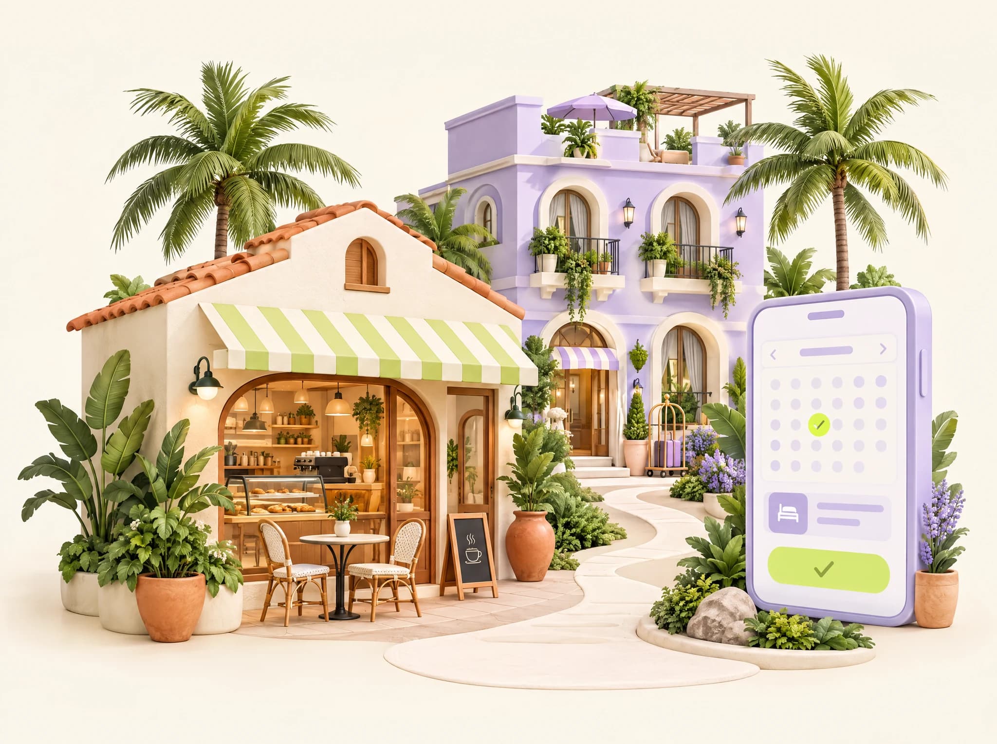 Concept illustration of a tropical café and boutique hotel connected to a lilac booking phone