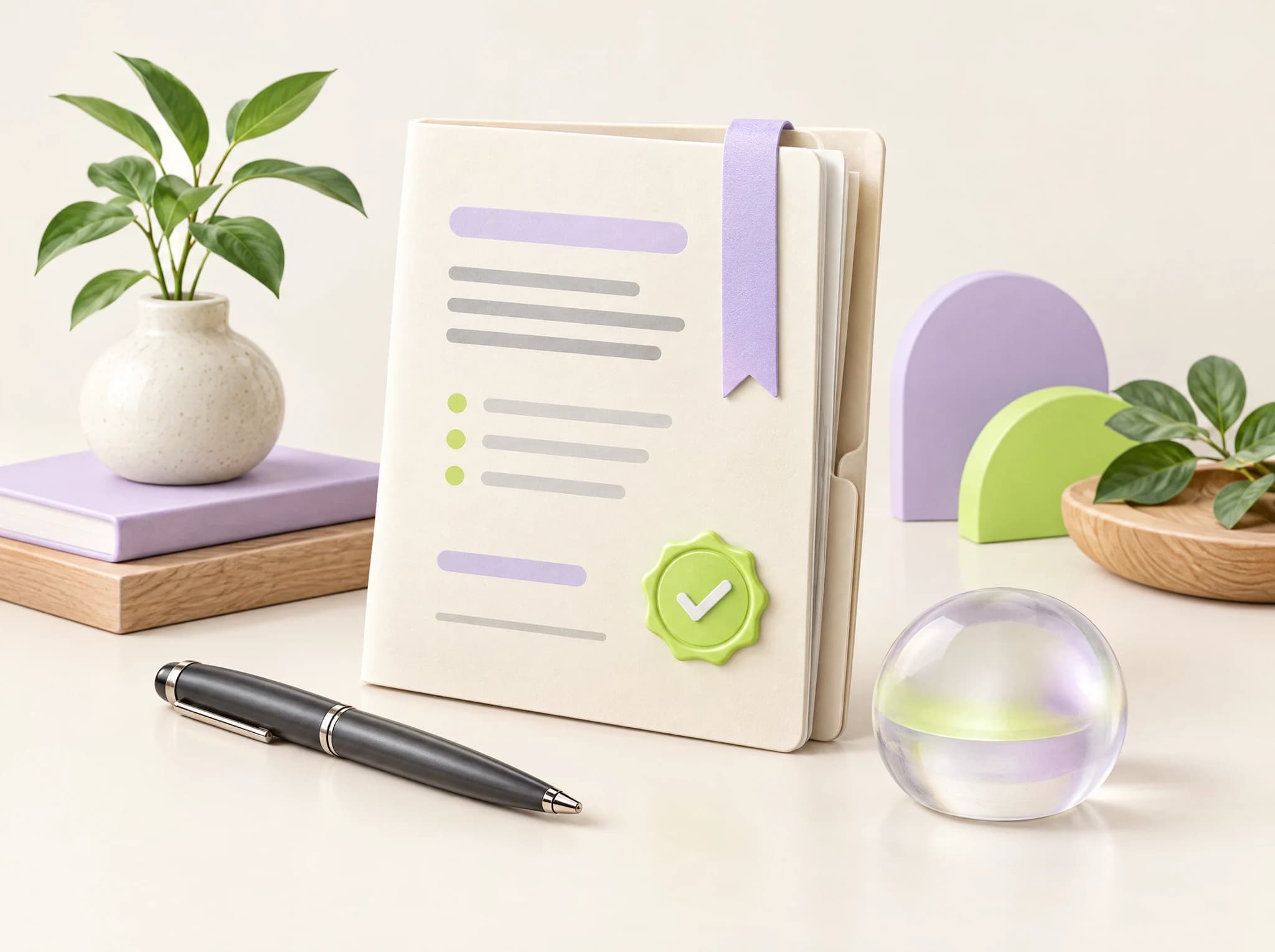 An organized document folio with a bookmark, pen and checkmark