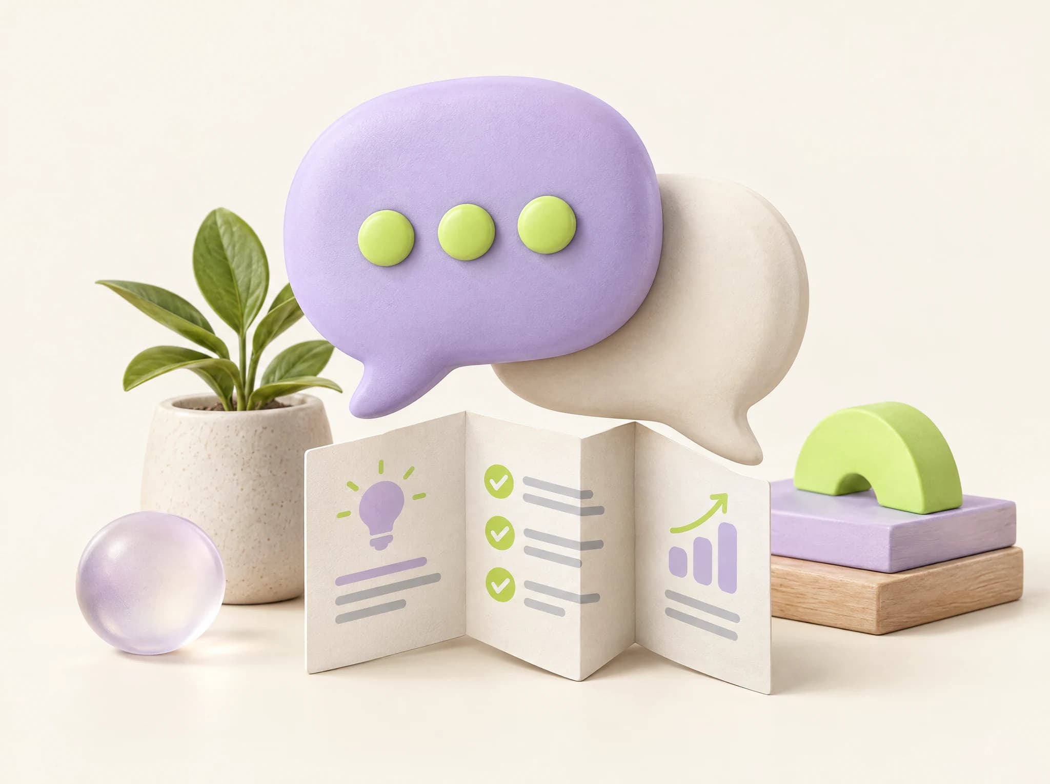 Cream and lilac conversation bubbles with a helpful open guide