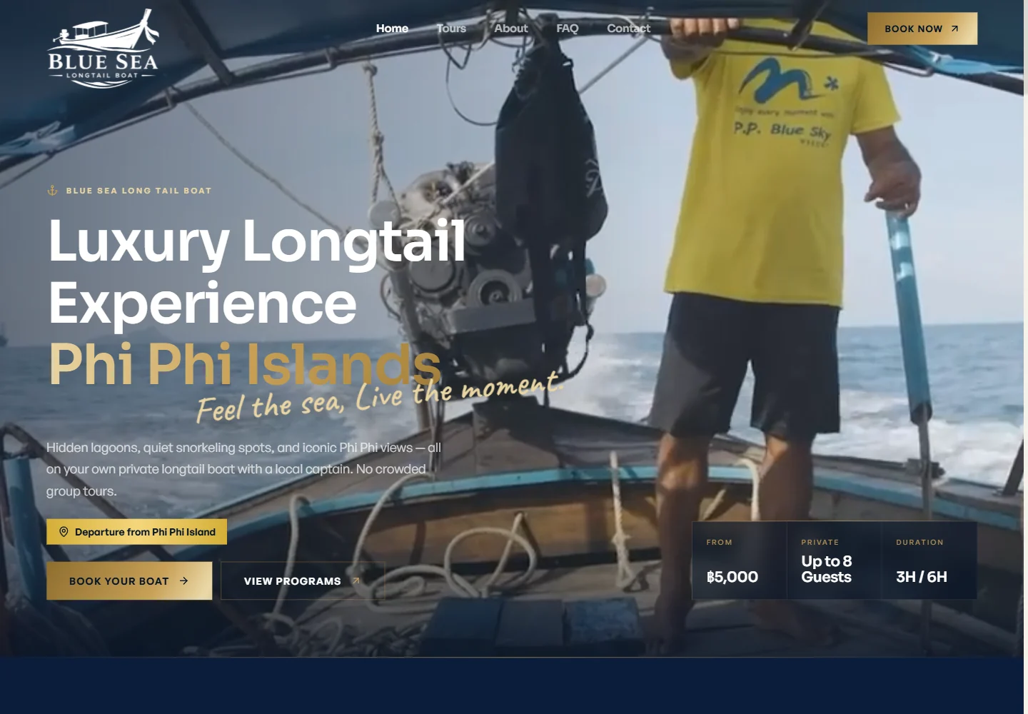 Blue Sea Long Tail Boat — live website screenshot