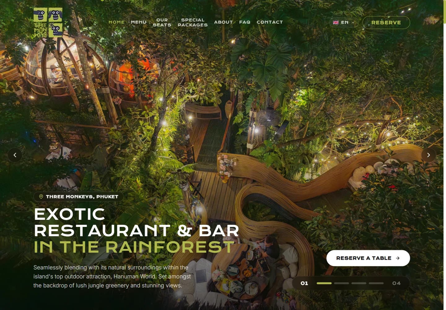 Three Monkeys Restaurant — live website screenshot