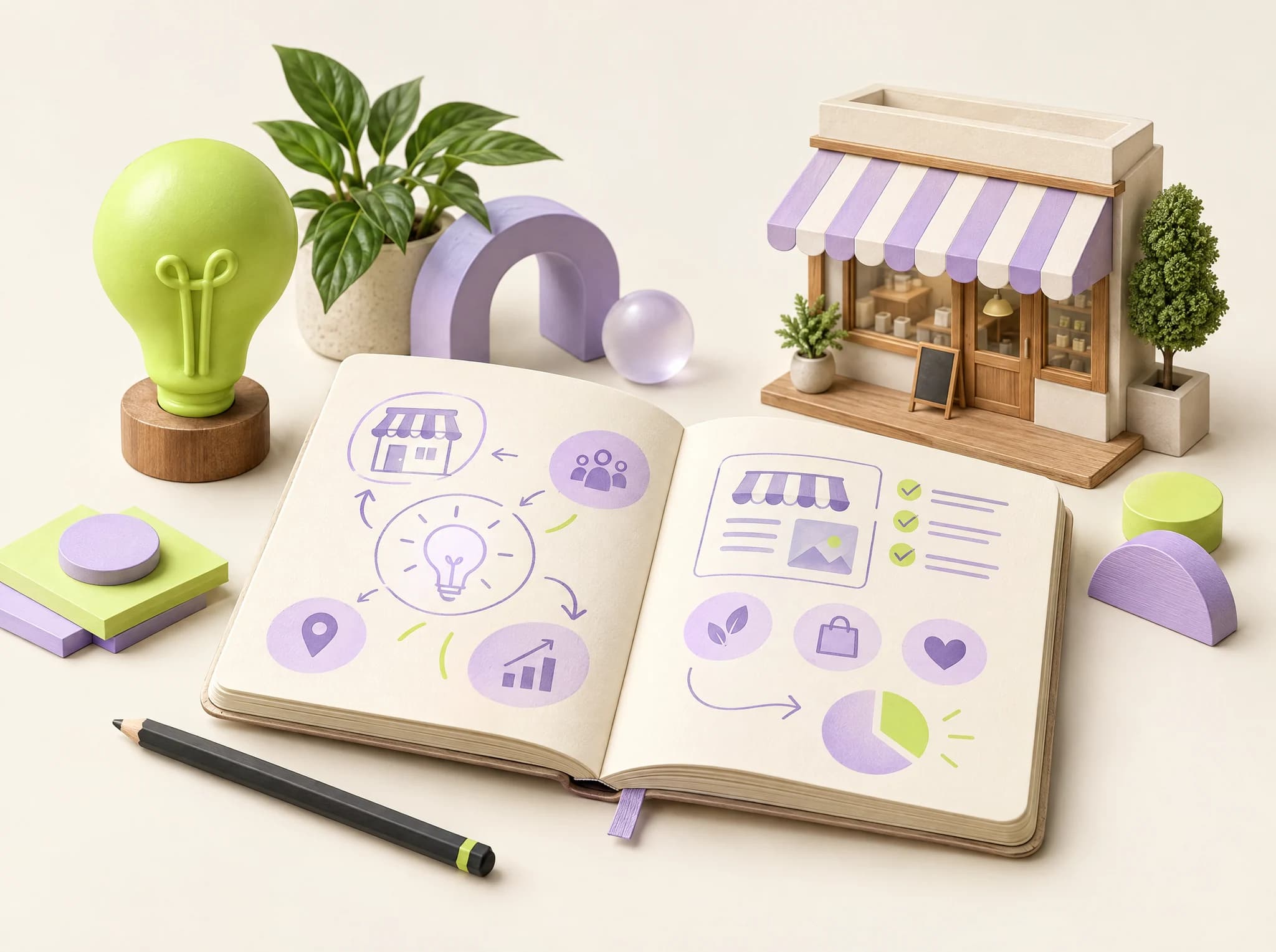 An open design notebook with a sculptural lightbulb and miniature storefront